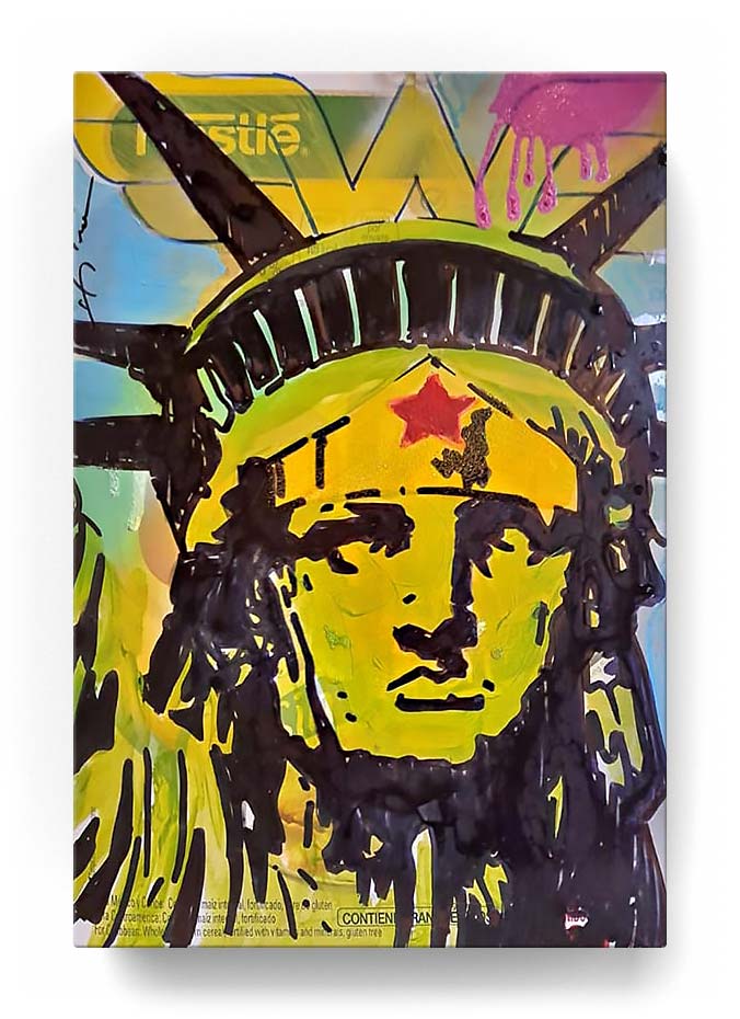 the Statue of Liberty over a cereal box