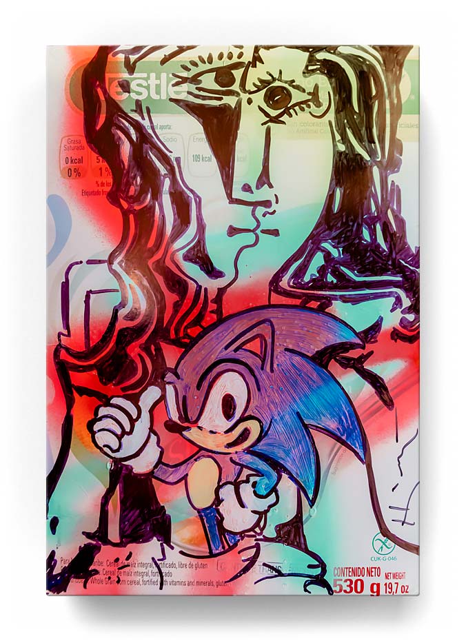 Sonic over a cereal box