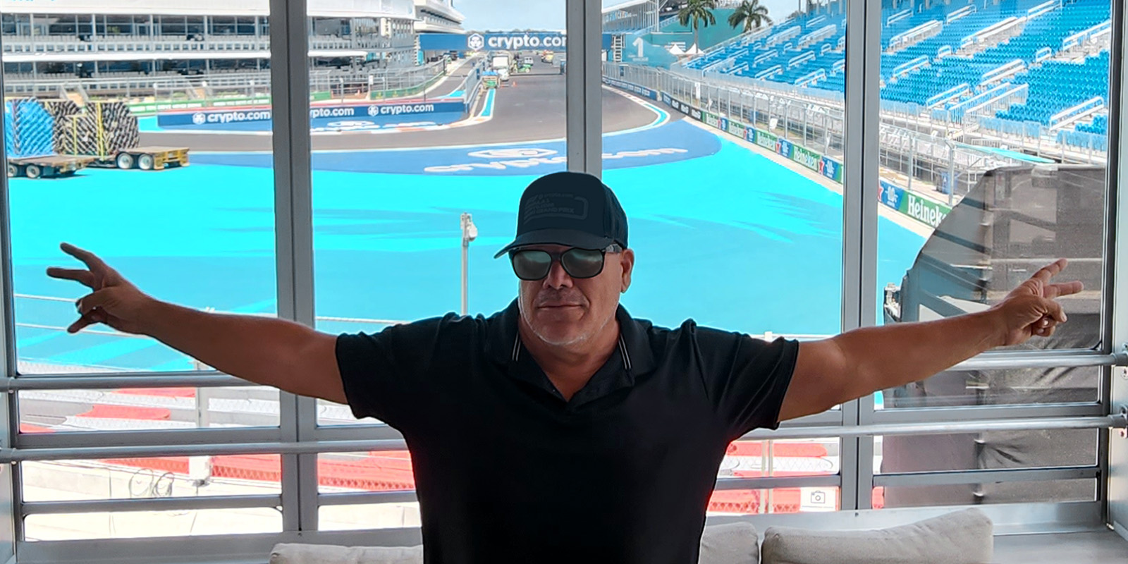 view of a curve of the Hard Rock Stadium racing track seen from a VIP seating area