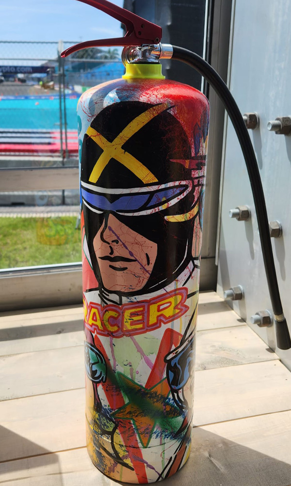 Race Time, ACRYLIC PAINTED ON EXTINGUISHER